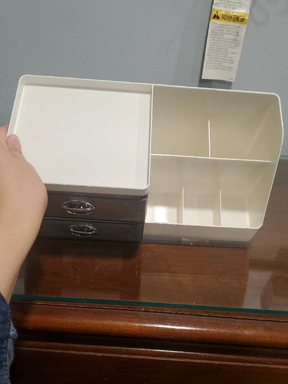 White Makeup Organizer with Smoke Drawers and Divided Compartments